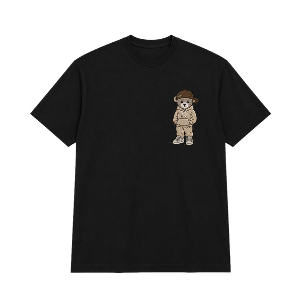 Black oversized t-shirt with a cute teddy bear in hoodie and cap embroidered on the chest
