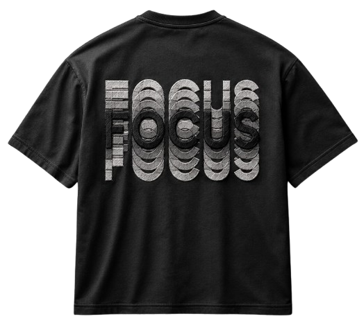 Black oversized t-shirt with layered FOCUS ripple embroidery across the back