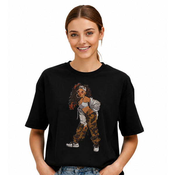 Curly Hair Girl Silhouette Embroidered T-Shirt