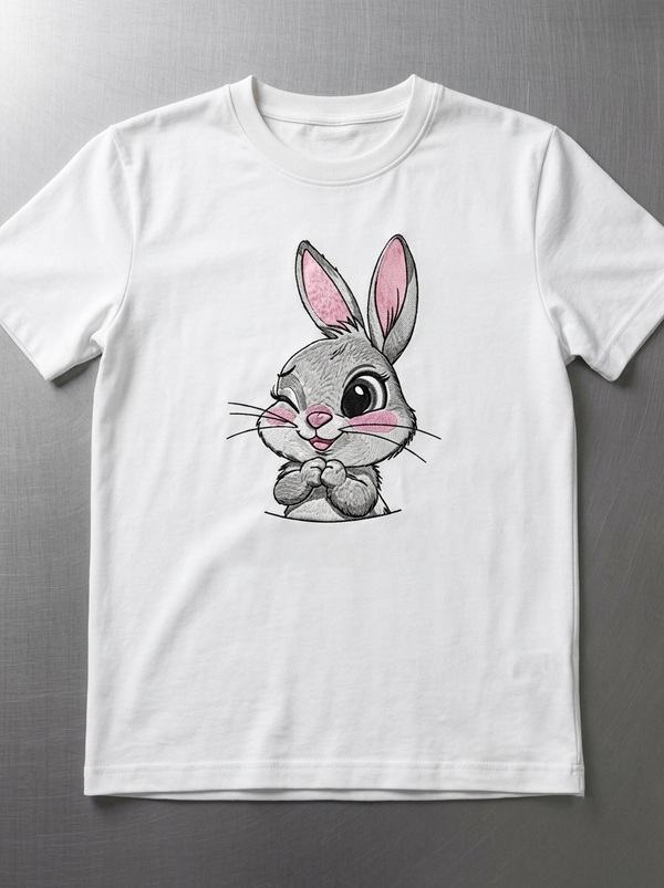 White cotton t-shirt with a cute winking bunny embroidered in pink and cream thread